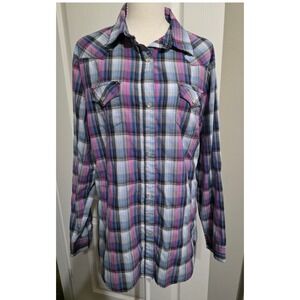 Wrangler Women XL Pink Blue Plaid Long Sleeve Pearl Snap Shirt Lightweight